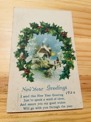 New Year Greetings 1922 Embossed Vintage Postcard Christmas Postmark 1c Stamp - Image 1