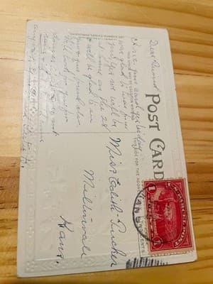 Vintage Embossed Christmas Postcard Merry Christmas Postmarked 1 Cent Red Stamp - Thumbnail 2