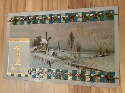 Vintage Embossed New Year Postcard Jan 1 Winter Scene Holly Gold Accents Gilded - Image 1
