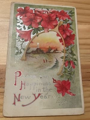 Vintage New Year Postcard Peace and Happiness Floral Gilded Church Winter Scene - Image 1