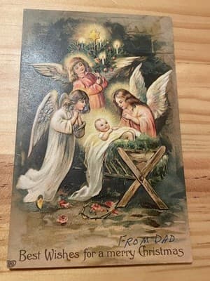 Vintage Christmas Postcard Angels Nativity Embossed Best Wishes Merry Christmas - Image 1