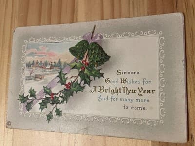 Embossed New Year Postcard Holly Winter Scene Vintage Postmark Censor Stamp - Image 1