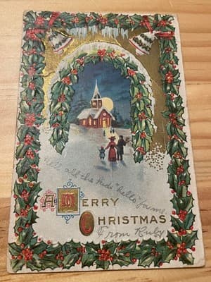 Vintage 1911 Embossed Christmas Postcard Merry Christmas Church Scene Victorian - Image 1