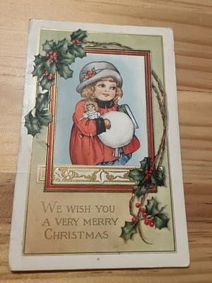 Vintage Christmas Postcard Girl Doll Holly We Wish You A Very Merry Christmas - Image 1