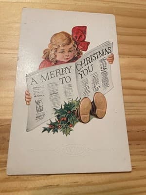 Vintage Embossed Christmas Postcard Merry Christmas To You Holly Child Unused - Image 1