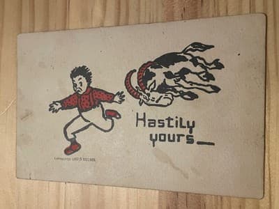 Vintage 1907 Hillson Comic Postcard Hastily Yours Goat Boy Mailed 1909 Ohio - Image 1