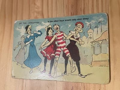 Uncle Sams Comics Postcard At The Seashore Cartoon Beach Scene Vintage Used - Image 1