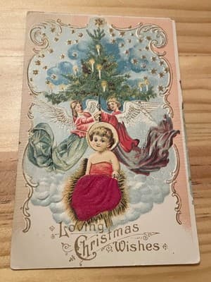 Vintage Embossed Christmas Postcard Made in Austria Angels Baby Fabric Applique - Image 1