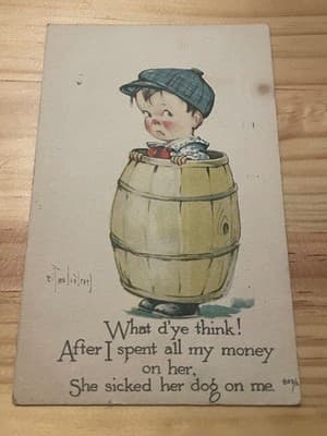 Vintage Divided Back Postcard Humor Boy in Barrel Dog Joke Postmarked 1916 USA - Image 1