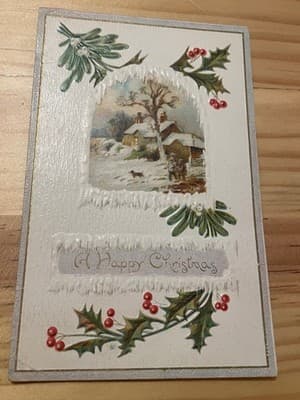 Vintage Embossed Christmas Postcard 1910 Used 1c Stamp Holly Mistletoe Greeting - Image 1