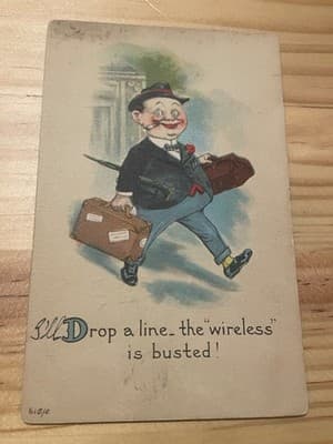Vintage Comic Postcard Divided Back Early 1900s Ill Drop a Line Wireless Busted - Image 1
