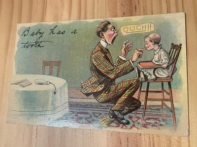 Vintage Comic Postcard Baby Has a Tooth Ouch Cartoon 1911 Postmarked Handwritten - Image 1