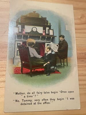 Vintage Humorous Postcard Postmarked Family Fireplace Caption Divided Back - Image 1