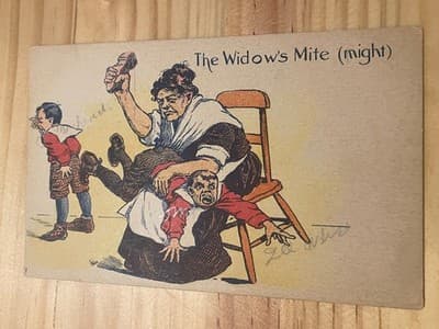 Vintage The Widows Mite Humorous Postcard Postmarked 1930s Cartoon Collectible - Image 1
