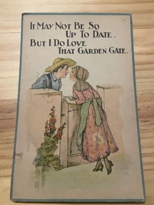 Vintage Postcard 1913 Garden Gate Romance Divided Back Postmarked USA Mailed - Image 1