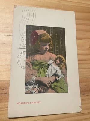 Vintage Mothers Darling Postcard Hand Colored Girl Doll Postmarked Canada 1c - Image 1