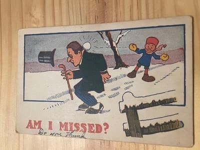 Vintage Comic Postcard Am I Missed Snowball Cartoon Man 1c Green Stamp Postmark - Image 1