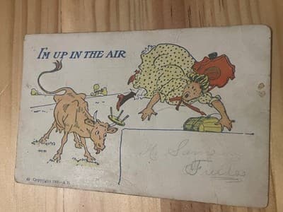 Vintage 1905 Comic Postcard Im Up In The Air Cow Girl Posted Stamped Handwritten - Image 1