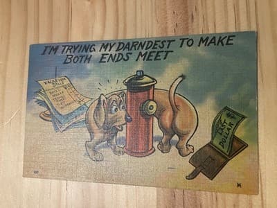 Vintage Comic Dog Postcard Unused Im Trying My Darndest To Make Both Ends Meet - Image 1