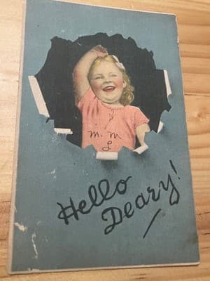 Vintage Hello Deary Postcard Unposted Handwritten Message Blue Girl Illustration - Image 1