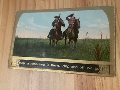 Vintage Postcard Hop la here Hop and off we go Cowboys Horses 1909 Chicago - Image 1