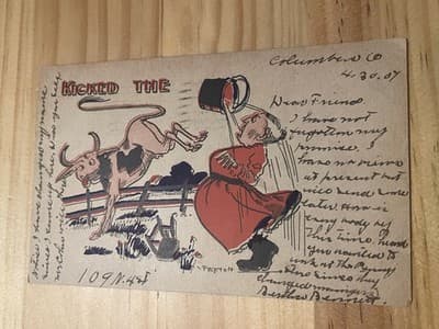 Vintage 1907 Columbus OH Comic Postcard Kicked The Cow Girl Child Illustration - Image 1