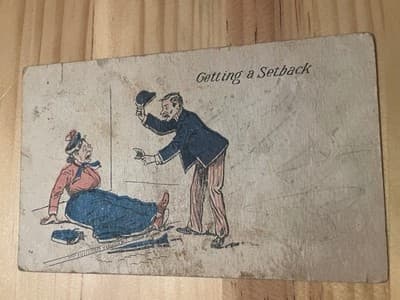 Vintage Getting a Setback Postcard Comic Cartoon Woman Man 1c Stamp Box Humor - Image 1