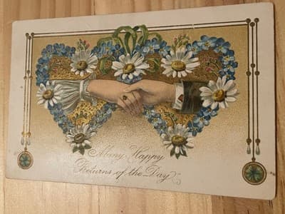 Vintage 1908 Postcards Many Happy Returns of the day Embossed Floral 1c - Image 1