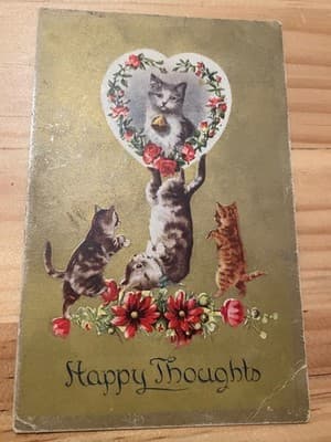 Vintage Kittens Postcard 1912 Happy Thoughts Cat Used Postmarked - Image 1