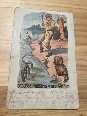 Vintage Postcard YOU'RE MISSING A GOOD EEL Fisherman Dog Handwritten Postmarked - Image 1