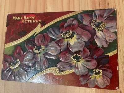 Many Happy Returns Embossed Postcard 1909 Floral Gold Accents Vintage Postmarked - Image 1