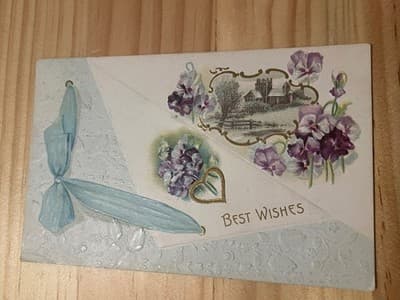 Antique Embossed Postcard Violets Best Wishes Floral Postmarked Stamped Green - Image 1