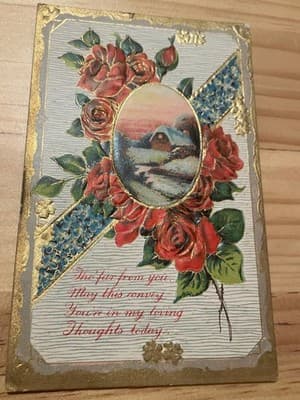 Embossed Floral Roses Winter Cottage Postcard Gold Gilt Printed in Germany 1910 - Image 1
