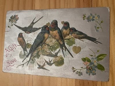 Vintage Embossed Birds Postcard A Gift of Love Printed in Germany Posted Silver - Image 1