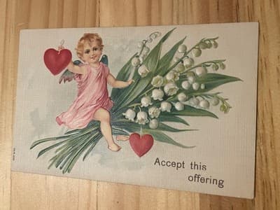 Vintage Embossed Postcard A Loving Thought Lily of the Valley Cherub Germany - Image 1