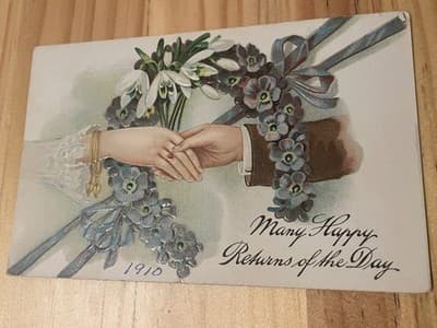 Vintage 1910 Postcard Many Happy Returns Embossed Handwritten Stamped Postmarked - Image 1