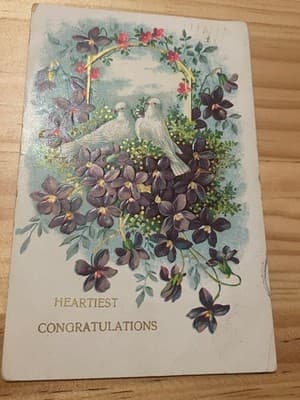 Vintage Embossed Floral Doves Postcard Heartiest Congratulations Postmarked - Image 1