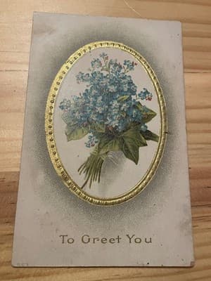 Vintage Embossed Postcard To Greet You Blue Forget Me Not Bouquet Gold Oval - Image 1