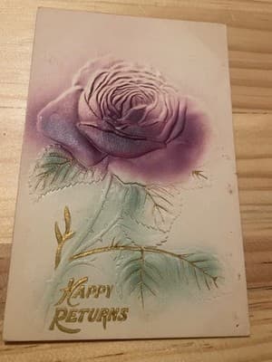 Vintage Embossed Rose Postcard Happy Returns Purple Gold Floral Antique Greeting - Image 1