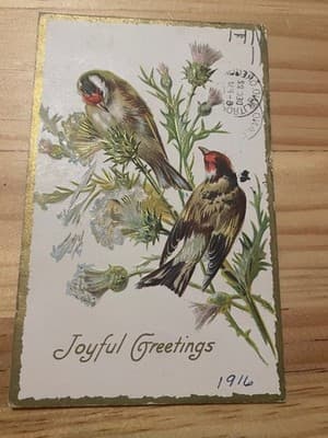 Vintage 1916 Joyful Greetings Postcard Birds Gold Embossed Thistles Orlando - Image 1