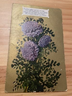 Vintage Floral Gold Embossed Postcard Unposted Purple Chrysanthemum Poem Art - Image 1