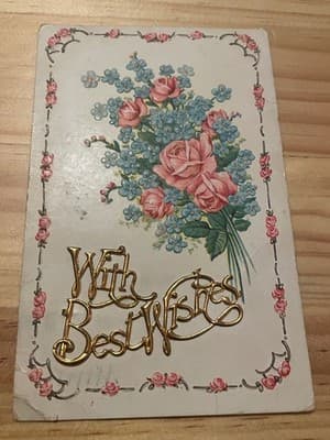 Vintage Embossed Postcard metal 'With Best Wishes' Pink Roses Printed in Germany - Image 1