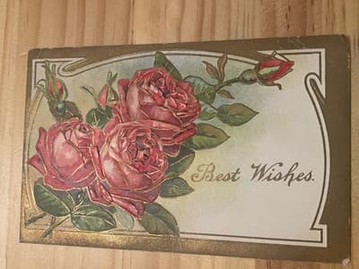 Vintage Postcard Roses Best Wishes Embossed Gold Printed in Saxony Used Stamped - Image 1