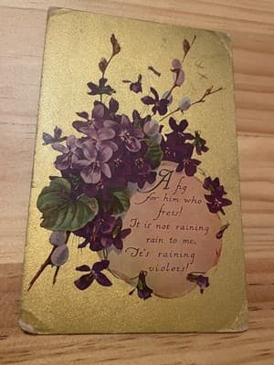 Vintage Postcard Violets Gold Embossed Sentiment Floral 1c US Stamp Postmark - Image 1