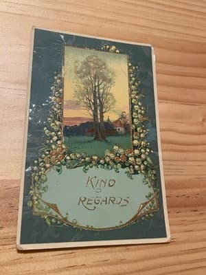 Vintage Embossed Kind Regards Postcard Unposted Tree Scene Gold Accents Greeting - Image 1