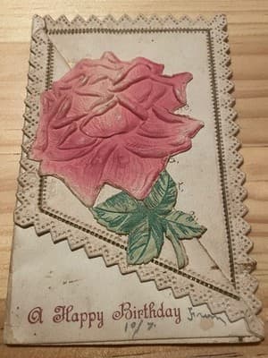 Vintage Embossed 3D Pink Rose Birthday Card Die Cut Lace Gold Poem Handmade - Image 1