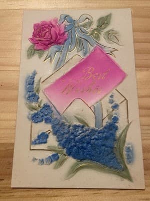 Vintage Embossed Best Wishes Greeting Card Pink Blue Floral Gold Accents Blank - Image 1