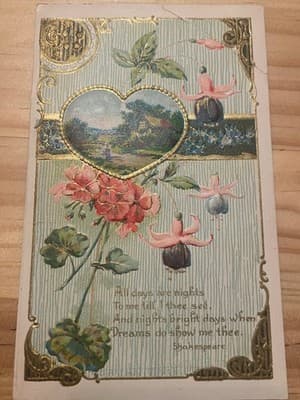 Victorian Embossed Postcard Printed Germany Floral Gold Heart Shakespeare 1910 - Image 1