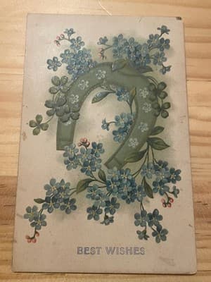 Vintage 1908 Embossed Best Wishes Postcard Printed in Germany Horseshoe Floral - Image 1
