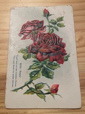 Vintage Embossed Red Rose Floral Art Postcard Multilingual Back Handwritten Used - Image 1